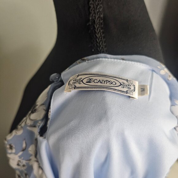 Calypso Blue & White Floral Blouse with Trumpet Sleeves Women's - Size Medium - Picture 5 of 7